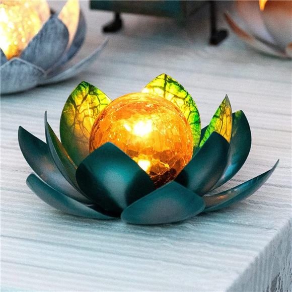 2Pack Art Crackle Globe Glass Lotus Decor Waterproof Blue Metal Flower Lights